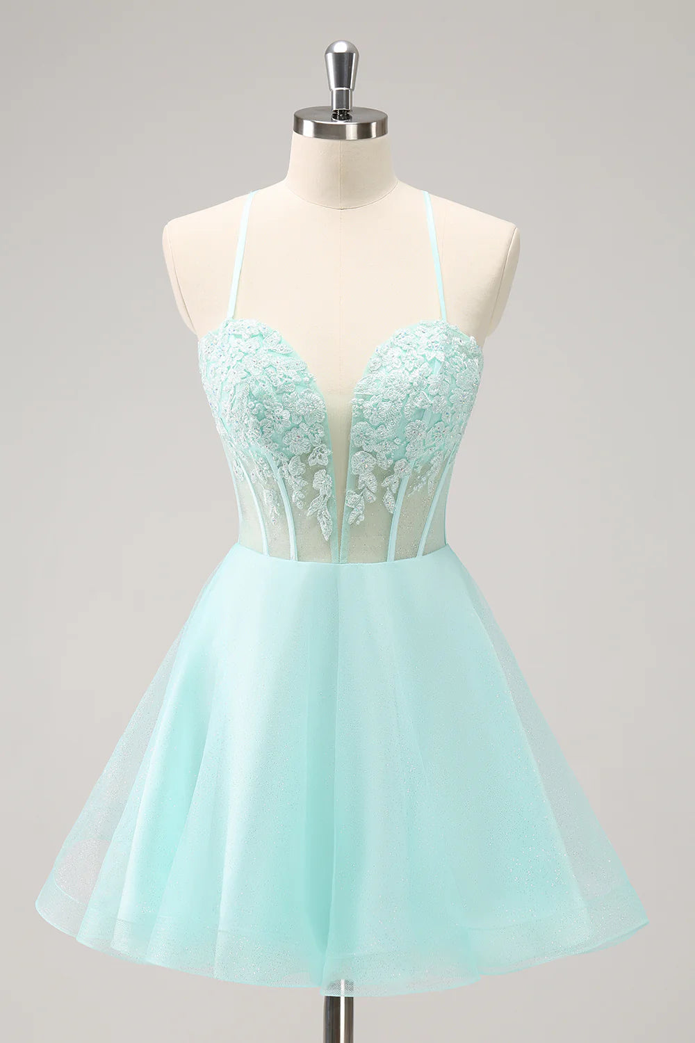 Amzcw Sparkly A Line Corset Sequin Short Green Homecoming Dress with Appliques