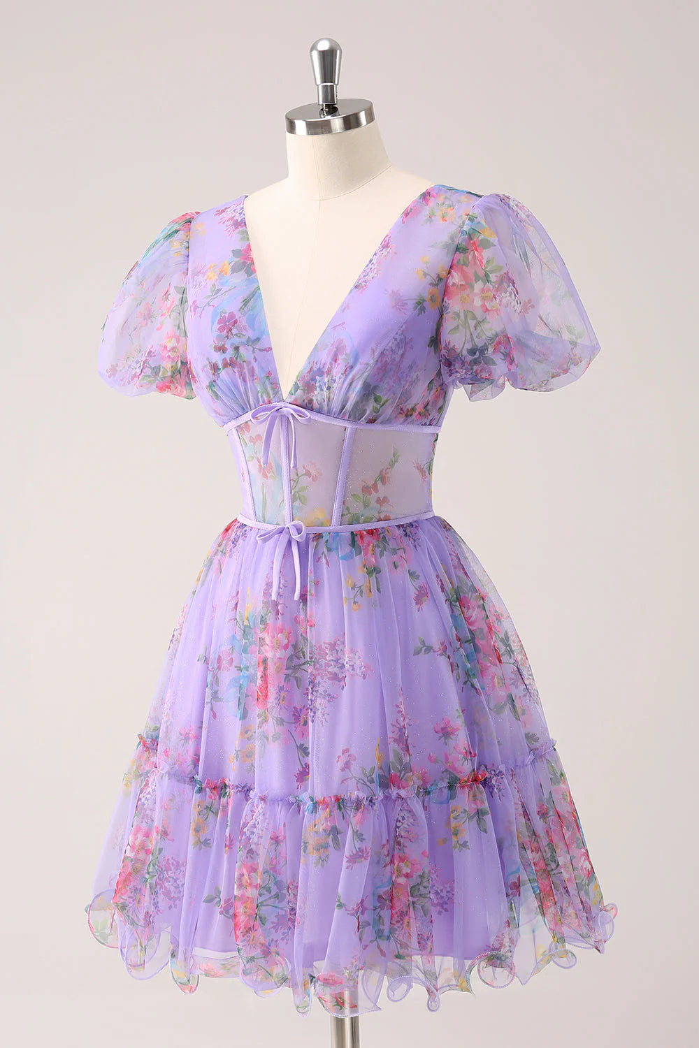 Amzcw Purple A-Line V Neck Corset Floral Homecoming Dress with Lace Up Back