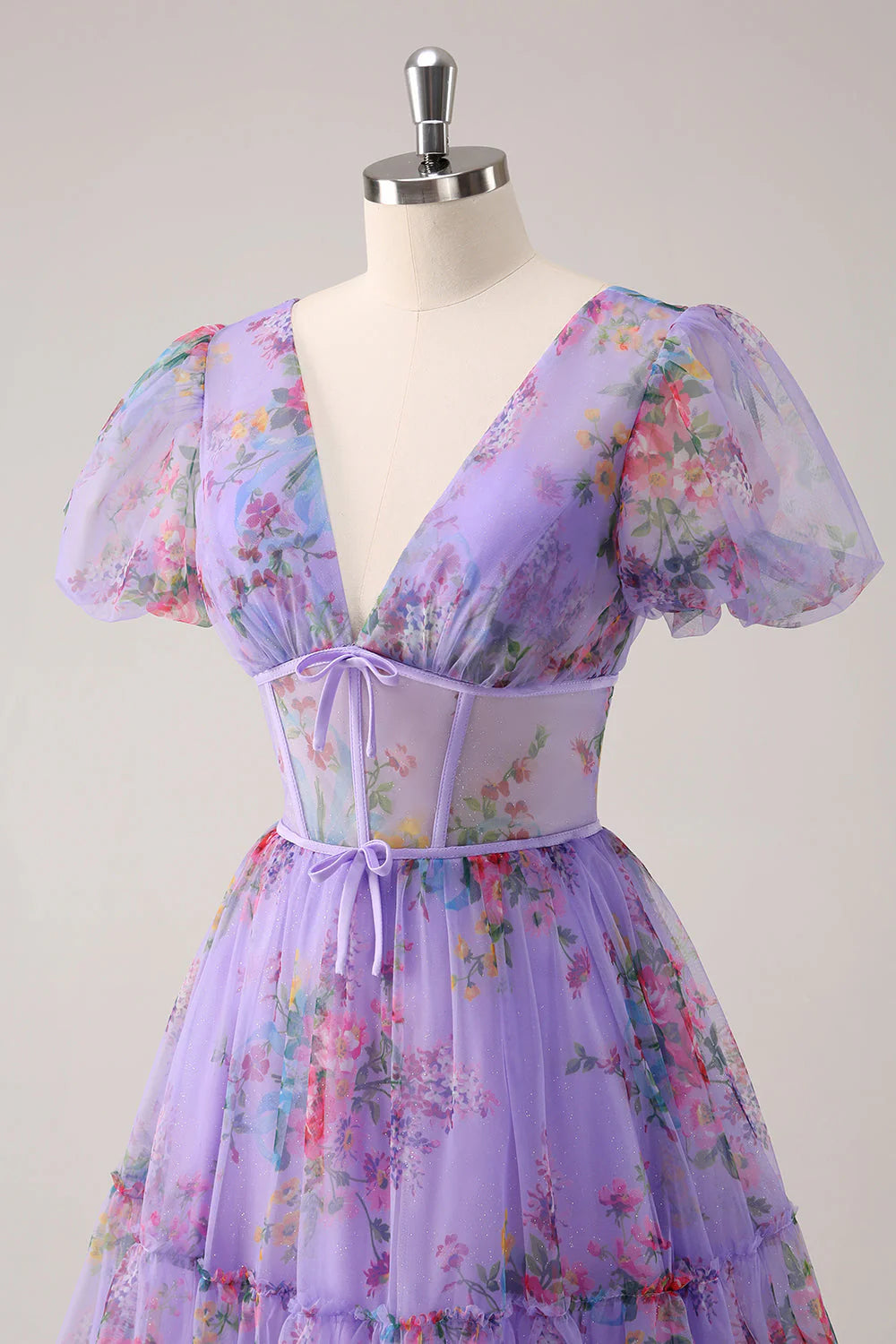 Amzcw Purple A-Line V Neck Corset Floral Homecoming Dress with Lace Up Back