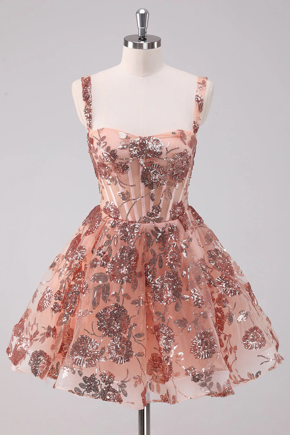 Amzcw Sparkly Blush A Line Spaghetti Straps Sequins Corset Short Homecoming Dress