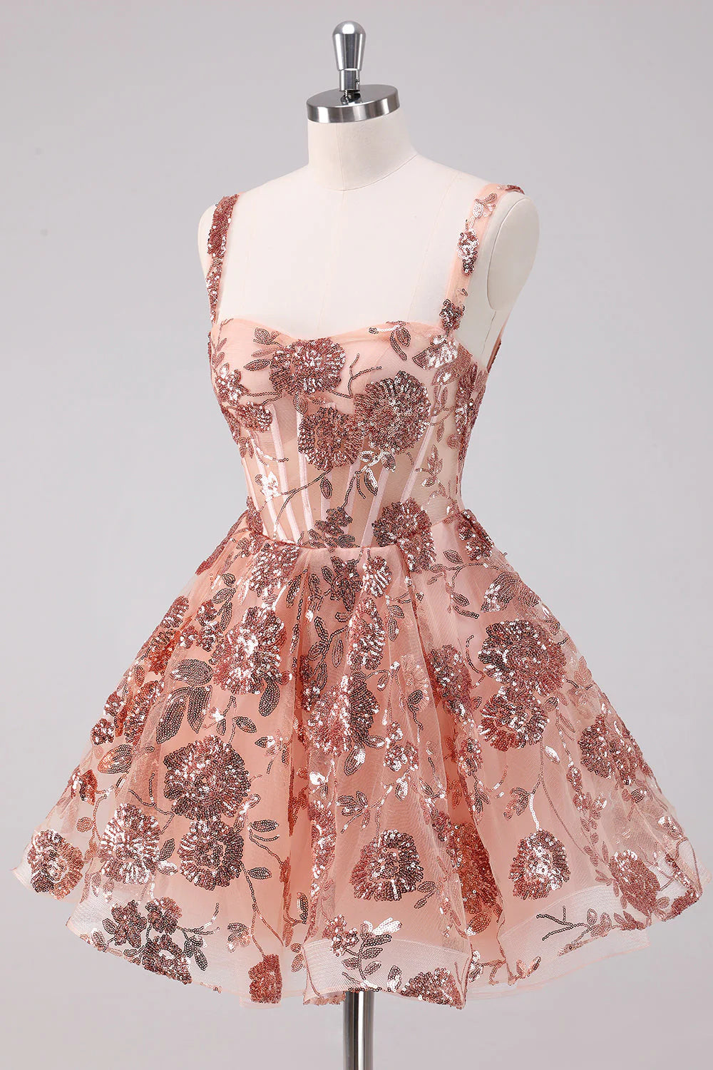 Amzcw Sparkly Blush A Line Spaghetti Straps Sequins Corset Short Homecoming Dress