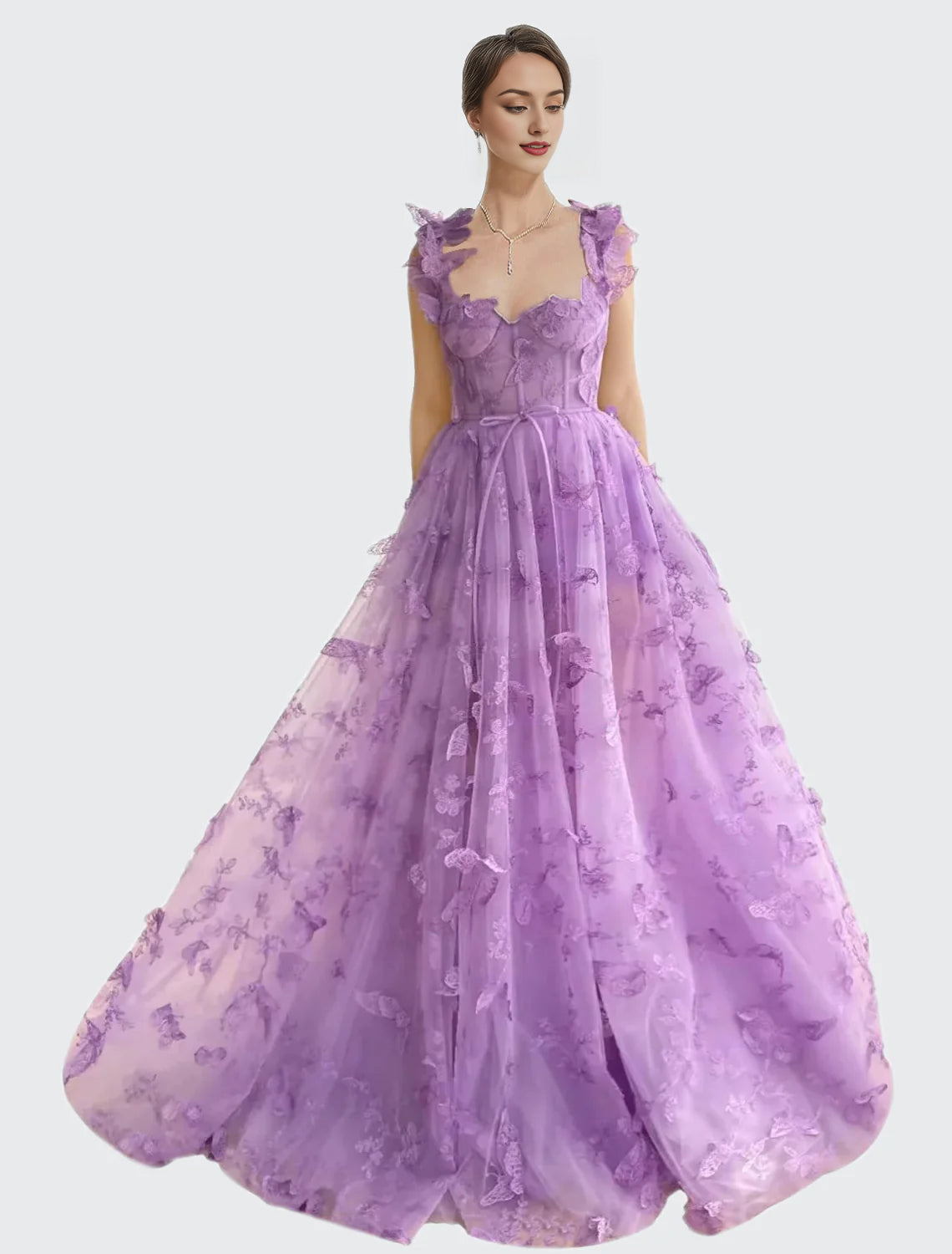 A-Line Prom Dresses Elegant Dress Formal Sweep / Brush Train Sleeveless Square Neck Tulle with Pleats Slit Appliques 3D Butterflies Dress