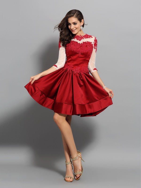 A-Line/Princess High Neck Applique 1/2 Sleeves Short Satin Cocktail Dresses