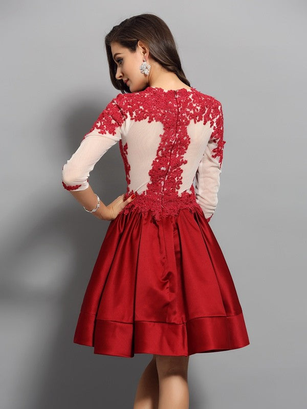 A-Line/Princess High Neck Applique 1/2 Sleeves Short Satin Cocktail Dresses