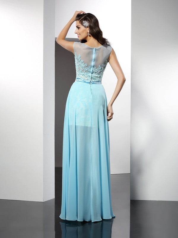 A-Line/Princess Bateau Applique Sleeveless Long Chiffon Dresses