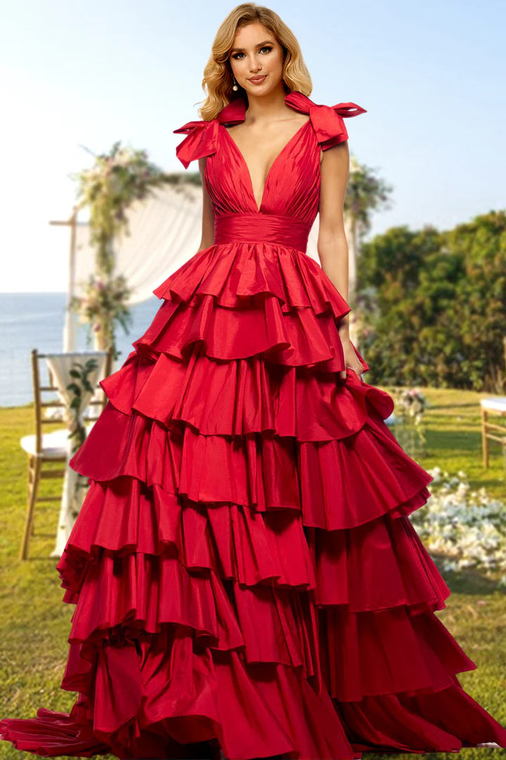 A-Line/Princess V-Neck Long Prom Evening Party Dresses With Split Side & Ruffles