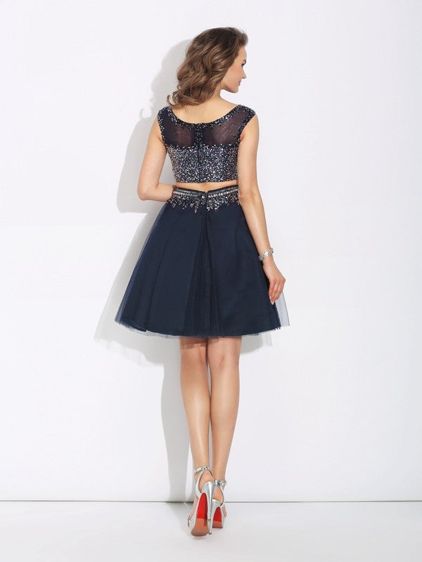 A-Line/Princess Bateau Beading Sleeveless Short Net Two Piece Dresses