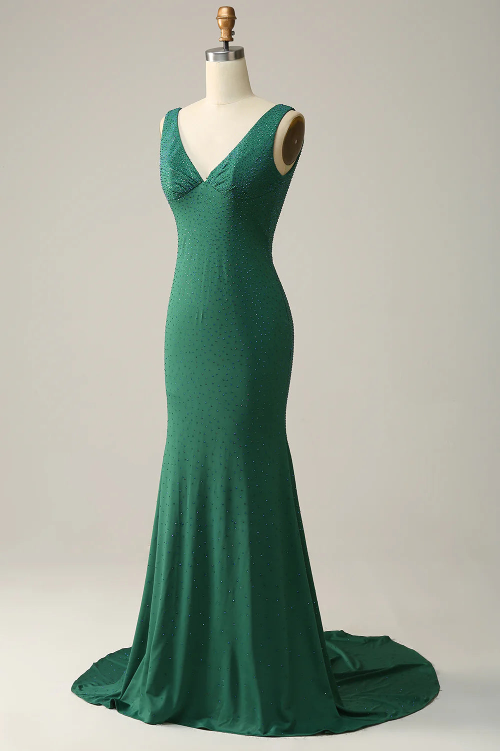 Amzcw Mermaid V Neck Green Long Prom Dress with Beading