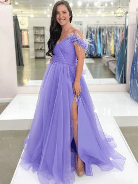 A-Line Ball Gown Sleeveless Off-The-Shoulder Ruched Tulle Prom Dresses Evening Dress