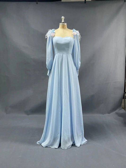 A Line Blue Long Sleeves Sweetheart Prom Dresses With Flower & Feathers Long Evening Dresses