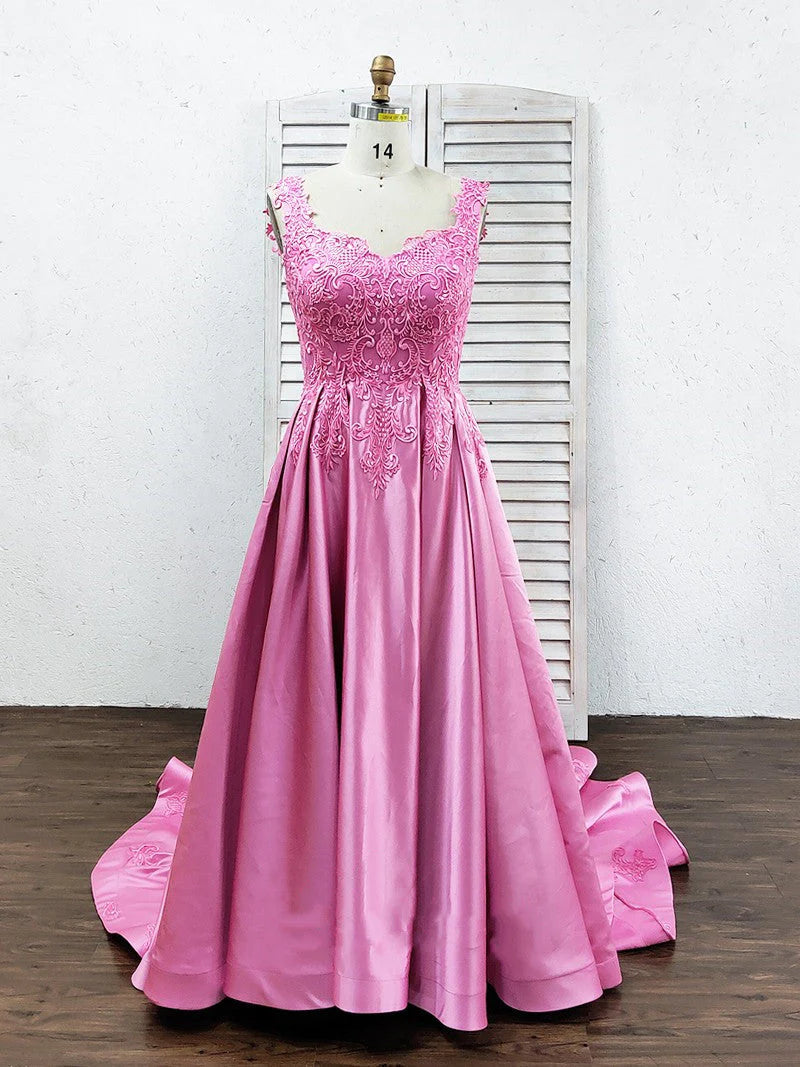 A-Line Luxury Square Appliques Beaded Satin Sweetheart Lace up Pink Quinceanera Dress