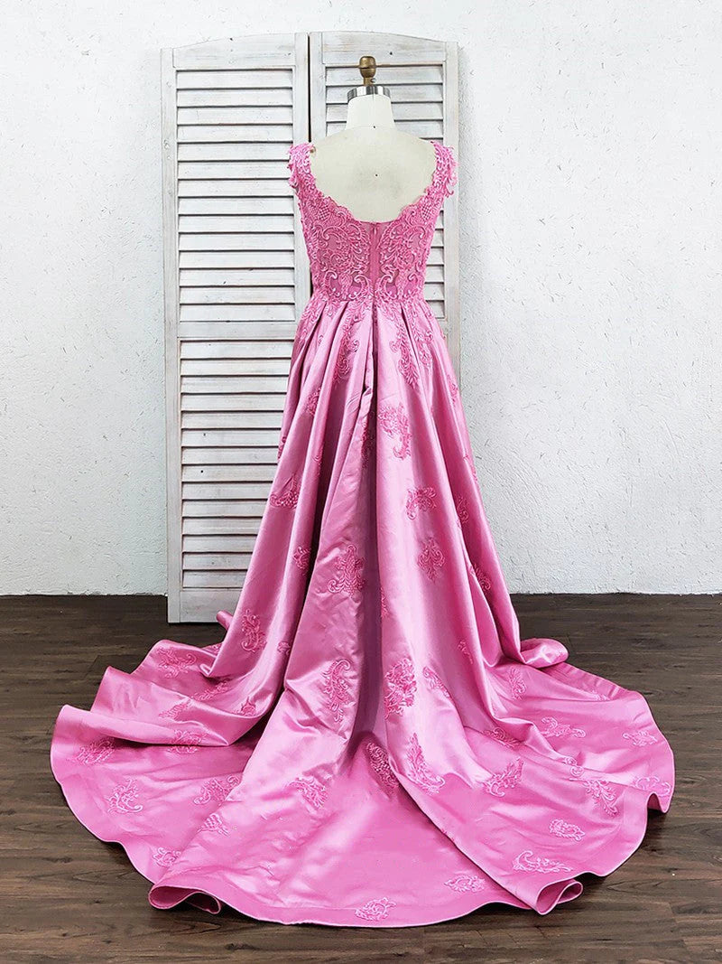 A-Line Luxury Square Appliques Beaded Satin Sweetheart Lace up Pink Quinceanera Dress