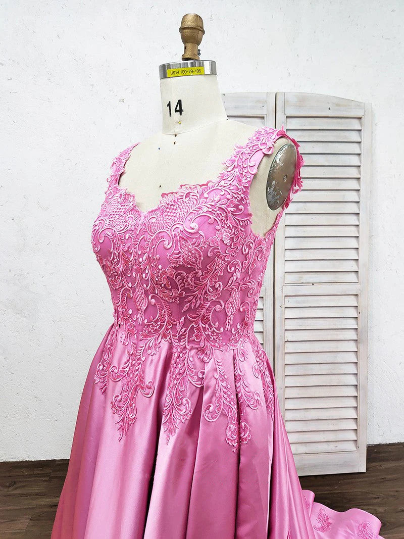 A-Line Luxury Square Appliques Beaded Satin Sweetheart Lace up Pink Quinceanera Dress