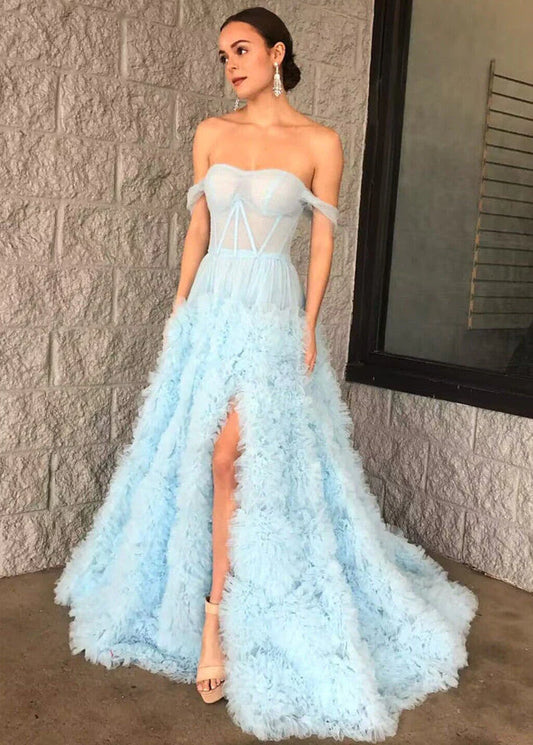 A-Line Off the Shoulder Tulle Princecss Prom Dress with Slit