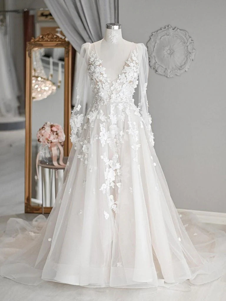 A Line See Through Long Sleeve Lace Appliqued Beach Wedding Dresses