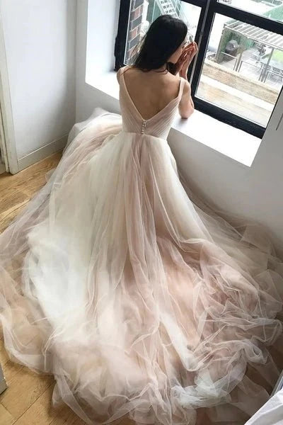 A Line Sleeveless V Neck Tulle Ruching Zipper Up Wedding Dresses