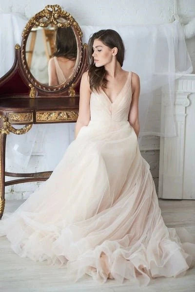 A Line Sleeveless V Neck Tulle Ruching Zipper Up Wedding Dresses