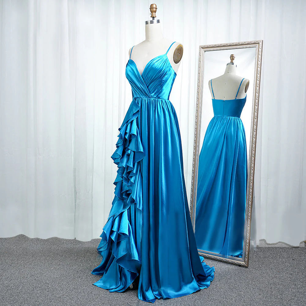 A Line Spaghetti Straps Elastic Satin Prom Dresses With Slit And Flounced