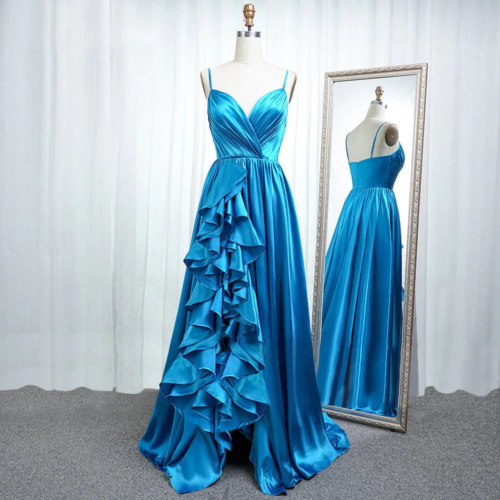 A Line Spaghetti Straps Elastic Satin Prom Dresses With Slit And Flounced