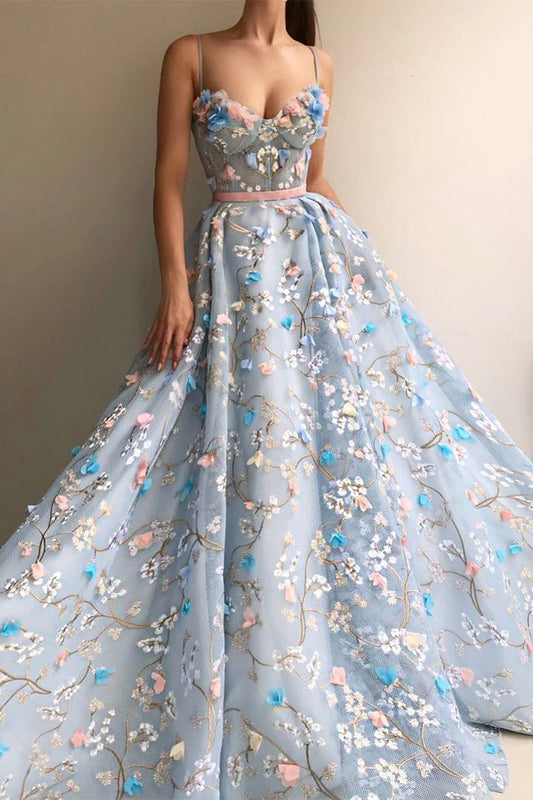 A Line Spaghetti Straps Sweetheart 3D Flower Applique Sky Blue Prom Dresses