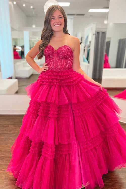A Line Tiered Sweetheart Strapless Tulle Prom Dresses