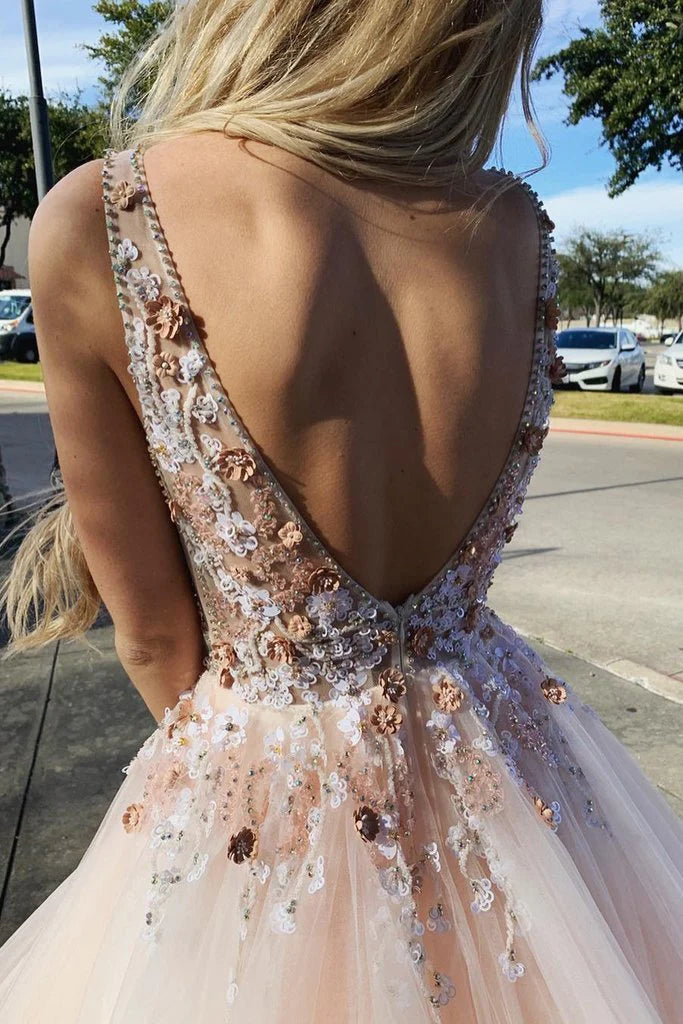 A Line Tulle V Neck Prom Dresses Beads Pink Lace Appliques Backless Evening Dresses