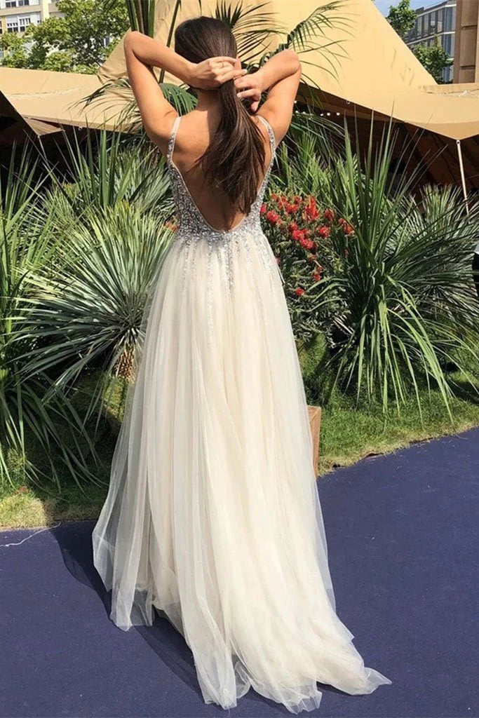 A Line V Neck Backless Beaded Ivory Prom Dresses Sequins Backless Formal Dresses