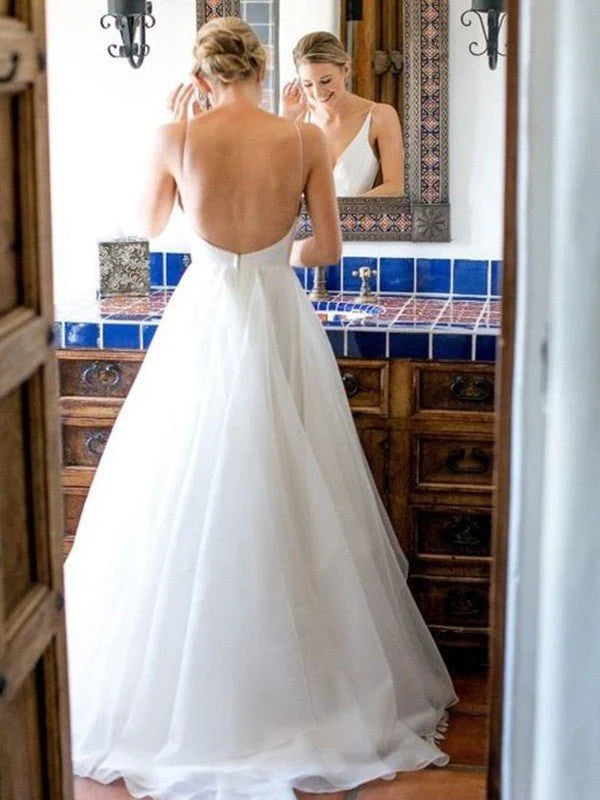 A Line V Neck Wedding Dresses Tulle With Ruffles Sweep Train