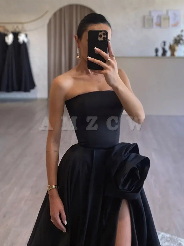 Amzcw A-Line Satin Black Long Prom Dress Black Long Formal Dress prom dress in store 