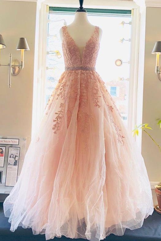 A line Lace V Neck Pink Prom Dresses with Appliques Long Cheap Evening Dresses