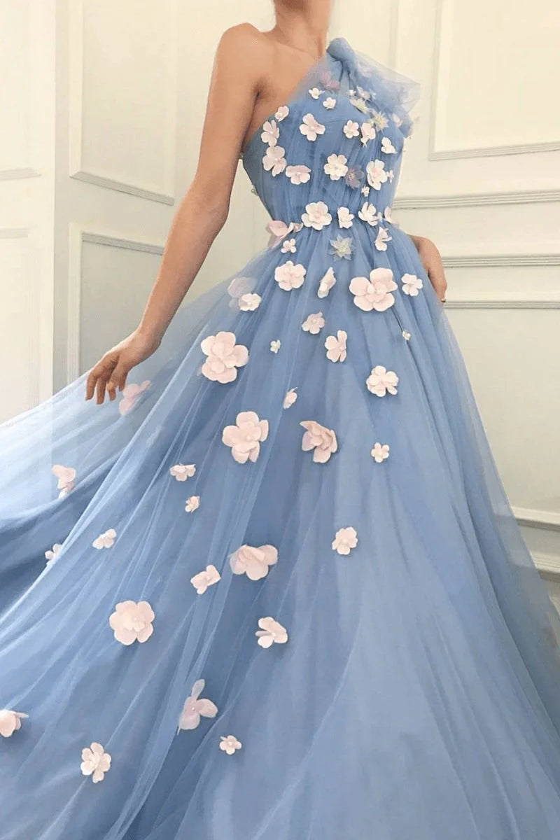 A line Tulle One Shoulder Prom Dresses with Sleeves 3D Flowers Evening Dress