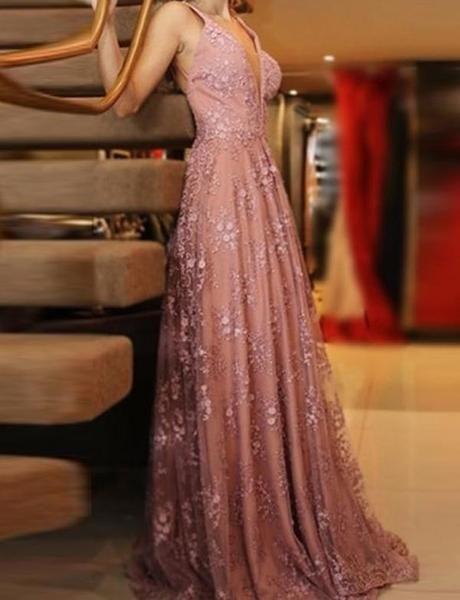 A line V Neck Pink Lace Backless Appliques Prom Dresses Sleeveless Evening Dresses