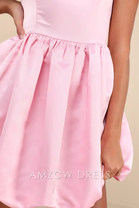 Amzcw Regal Cutie White Satin Square Neck Bubble-Hem Mini Dress formal wear dresses