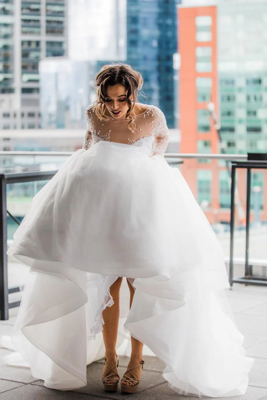 Backless Long Sleeve Bride Dresses Modest 3/4 Sleeve Wedding Gowns