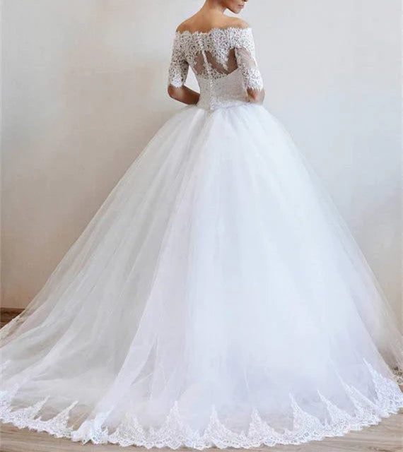 Ball Gown Boat Neck Tulle With Applique And Beads Long Sleeves Wedding Dresses