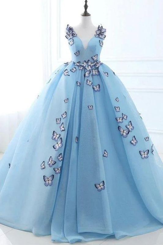 Ball Gown Long Sky Blue Butterfly V Neck Appliques Lace up Prom Quinceanera Dresses