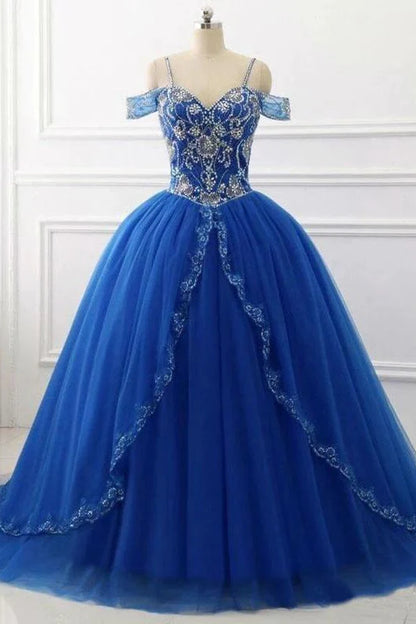 Ball Gown Off the Shoulder Royal Blue Quinceanera Dresses Beaded V Neck Prom Dresses