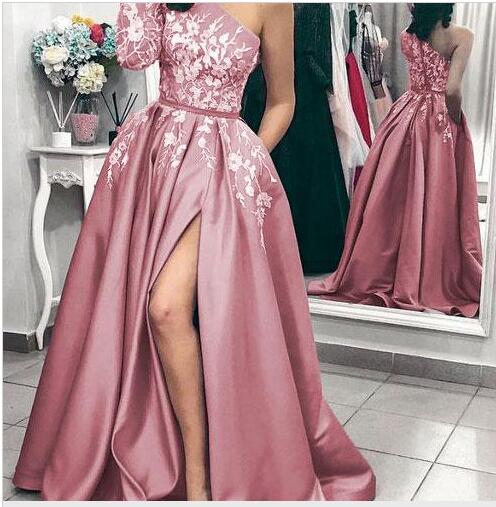 Ball Gown One Shoulder Long Sleeves Grey Satin Split White Lace Long Prom Dresses With Pockets Prom Dresses