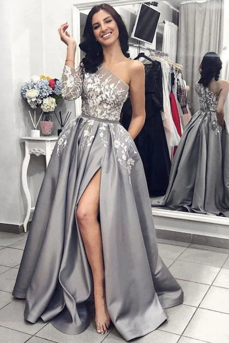 Ball Gown One Shoulder Long Sleeves Grey Satin Split White Lace Long Prom Dresses With Pockets Prom Dresses