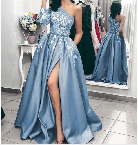 Ball Gown One Shoulder Long Sleeves Grey Satin Split White Lace Long Prom Dresses With Pockets Prom Dresses