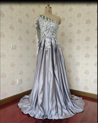 Ball Gown One Shoulder Long Sleeves Grey Satin Split White Lace Long Prom Dresses With Pockets Prom Dresses
