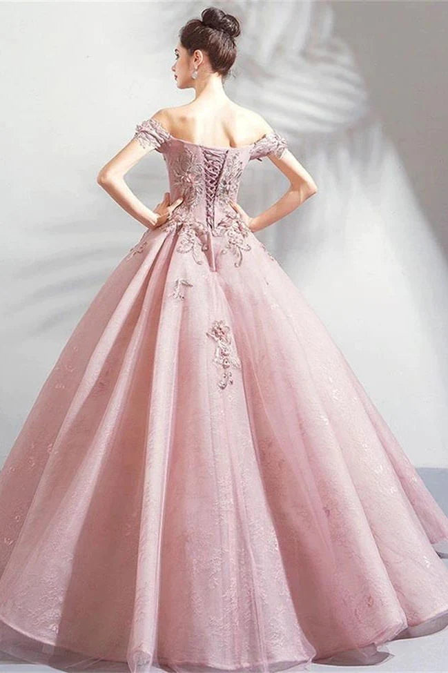 Ball Gown Pink Off the Shoulder Prom Dresses Lace Appliques Quinceanera Dresses