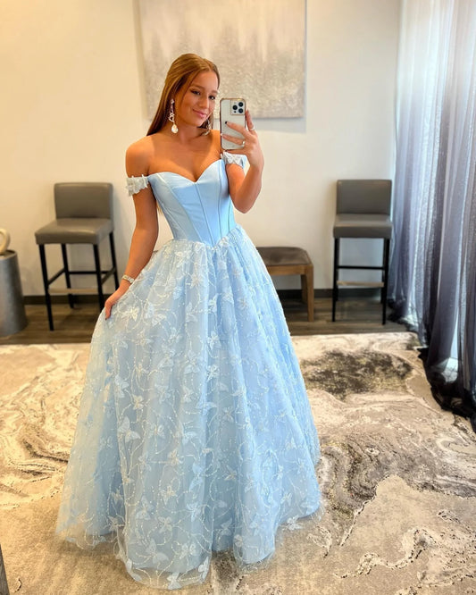 Ball Gown Sweetheart Strapless Embroidery Prom Dresses Off The Shoulder Long Evening Dresses