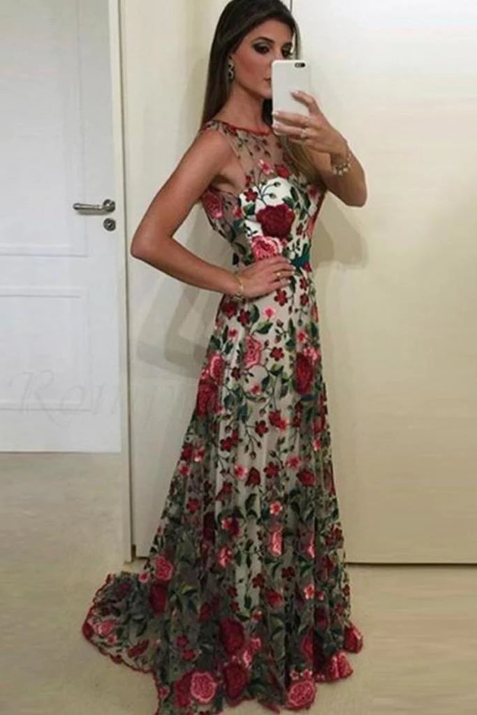 Beautiful Prom Dresses Scoop Aline Rose Floral Embroidery Lace Prom Dress