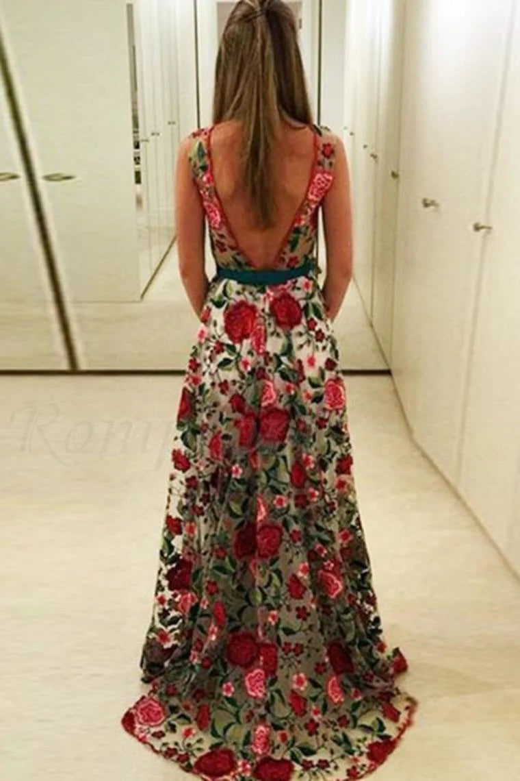 Beautiful Prom Dresses Scoop Aline Rose Floral Embroidery Lace Prom Dress