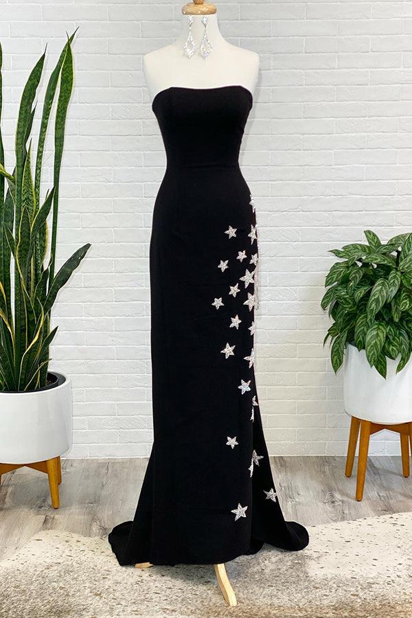 Black Strapless Sheath Slit Prom Dress with Stars and Fringes