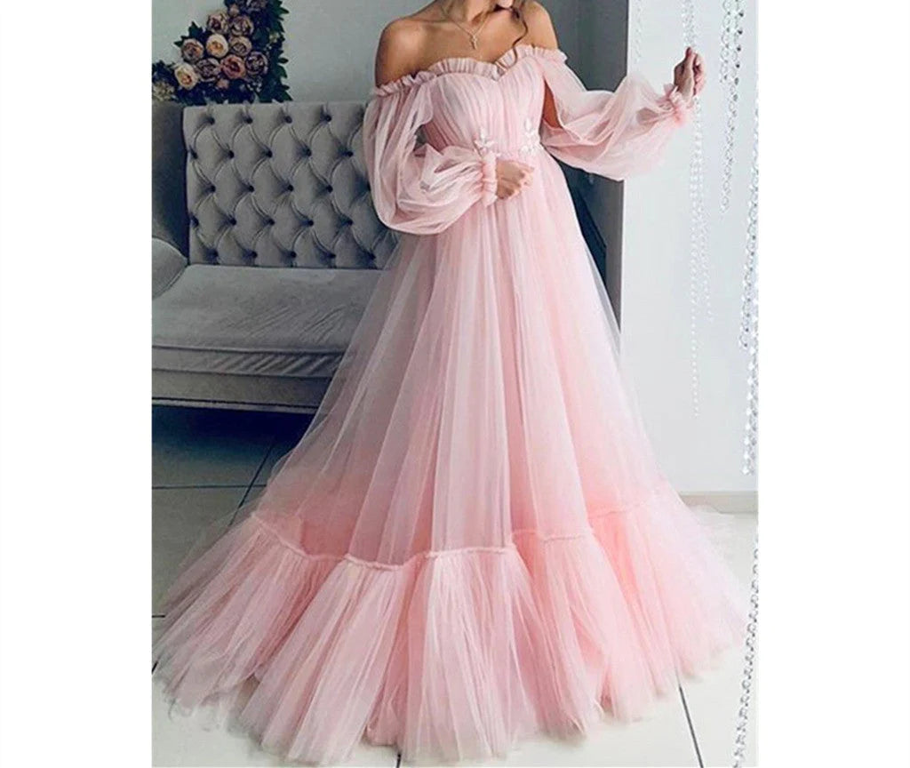 Blue Tulle Off the Shoulder Modern Prom Dresses Long Sleeve Quinceanera Dresses