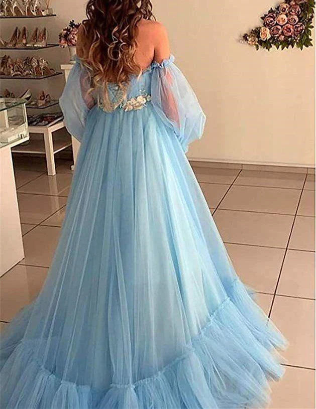 Blue Tulle Off the Shoulder Modern Prom Dresses Long Sleeve Quinceanera Dresses