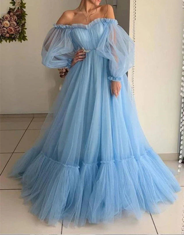 Blue Tulle Off the Shoulder Modern Prom Dresses Long Sleeve Quinceanera Dresses