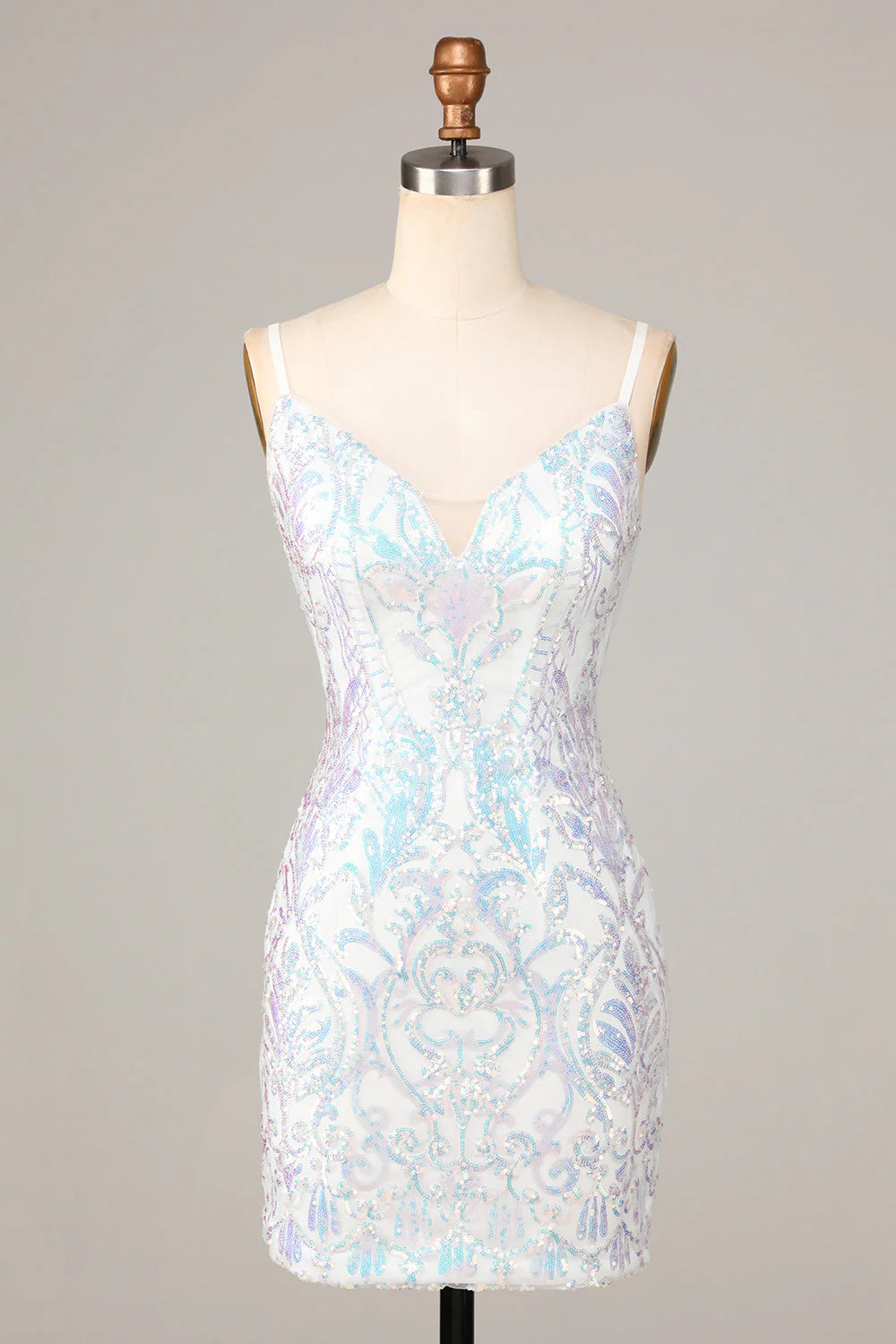 Amzcw Sheath Spaghetti Straps White Sequins Short Homecoming Dress